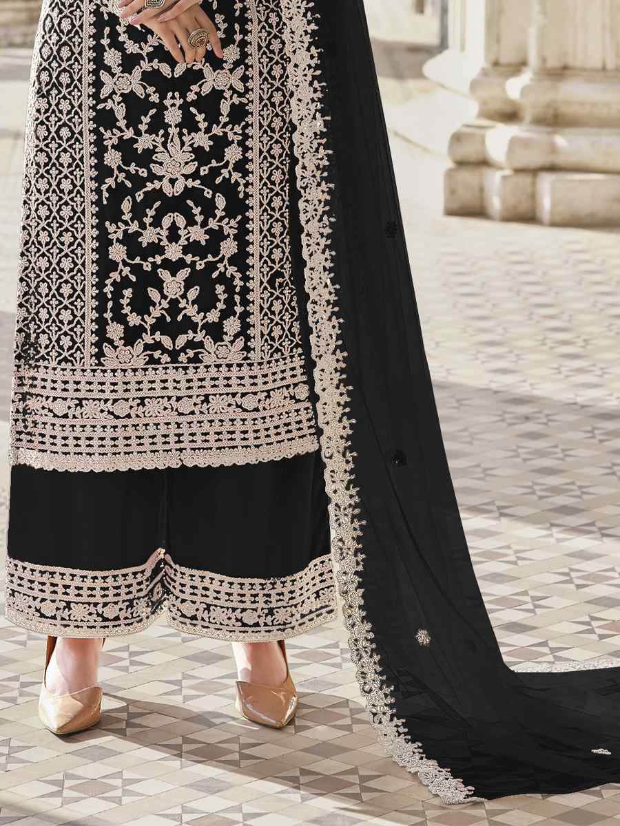 Black Heavy Butterfly Net Embroidered Festival Wedding Palazzo Pant Salwar Kameez