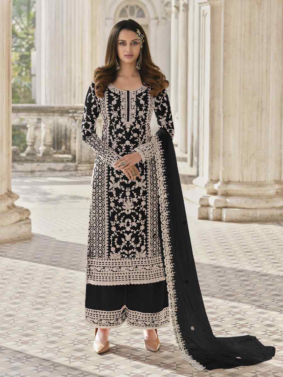 Black Heavy Butterfly Net Embroidered Festival Wedding Palazzo Pant Salwar Kameez