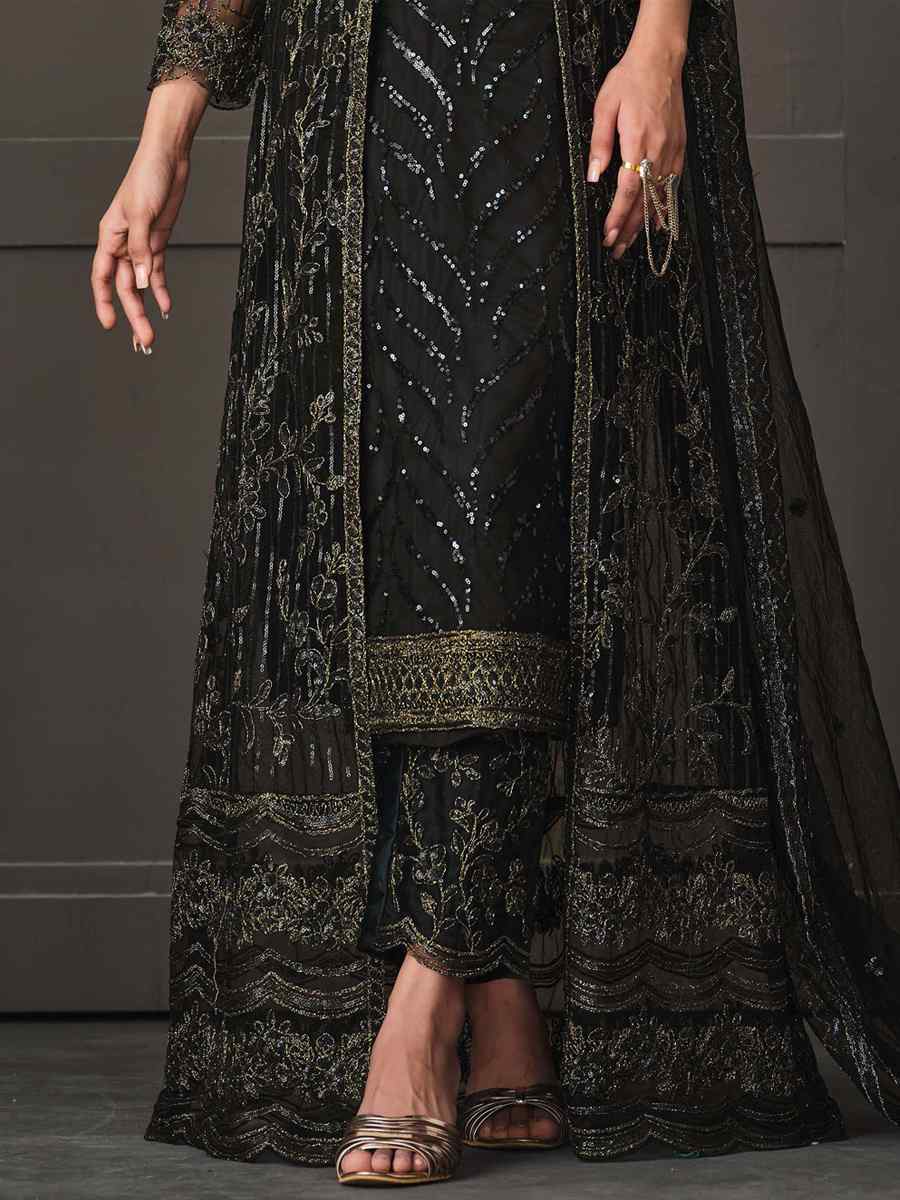 Black Heavy Butterfly Net Embroidered Party Wedding Lawn Pant Salwar Kameez