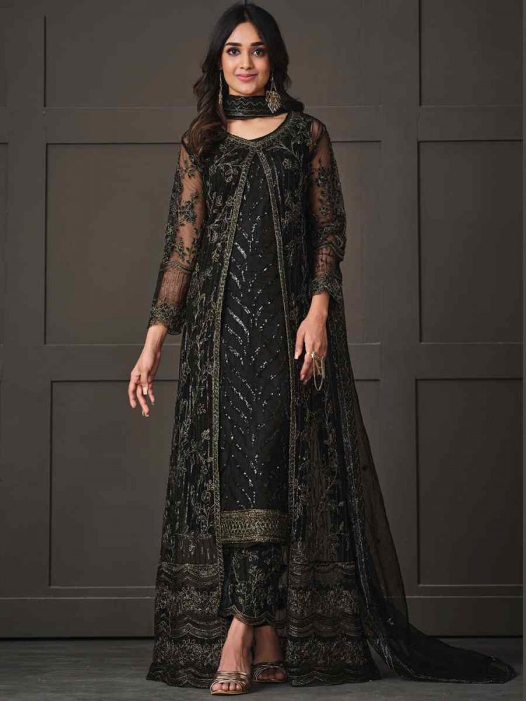 Black Heavy Butterfly Net Embroidered Party Wedding Lawn Pant Salwar Kameez