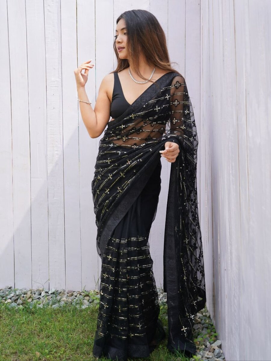 Black Heavy Butterfly Net Sequins Wedding Reception Party Festival Heavy Border Sarees