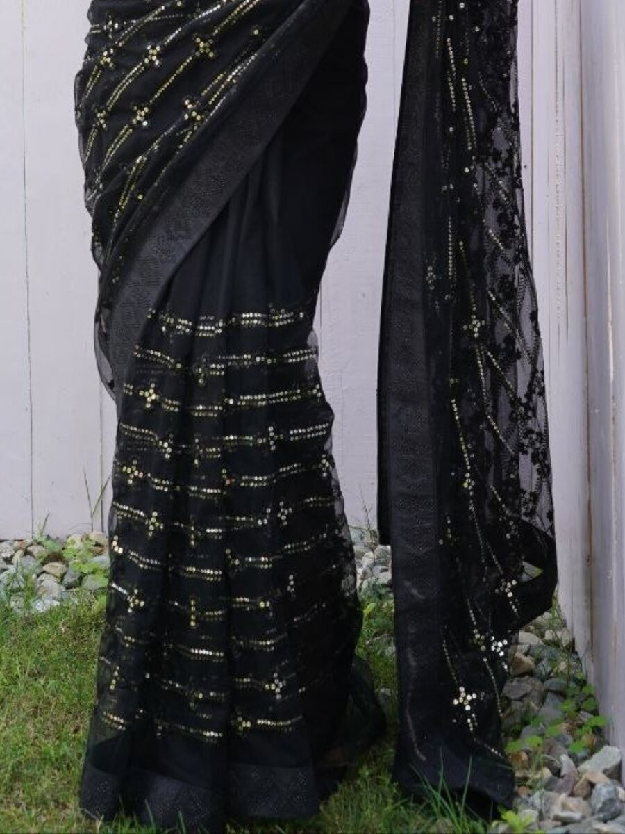Black Heavy Butterfly Net Sequins Wedding Reception Party Festival Heavy Border Sarees