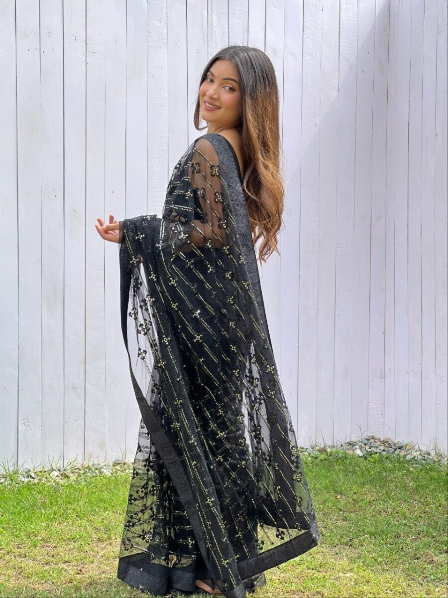 Black Heavy Butterfly Net Sequins Wedding Reception Party Festival Heavy Border Sarees