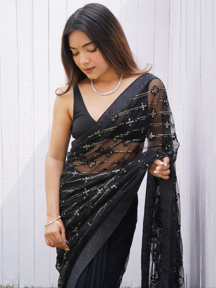 Black Heavy Butterfly Net Sequins Wedding Reception Party Festival Heavy Border Sarees