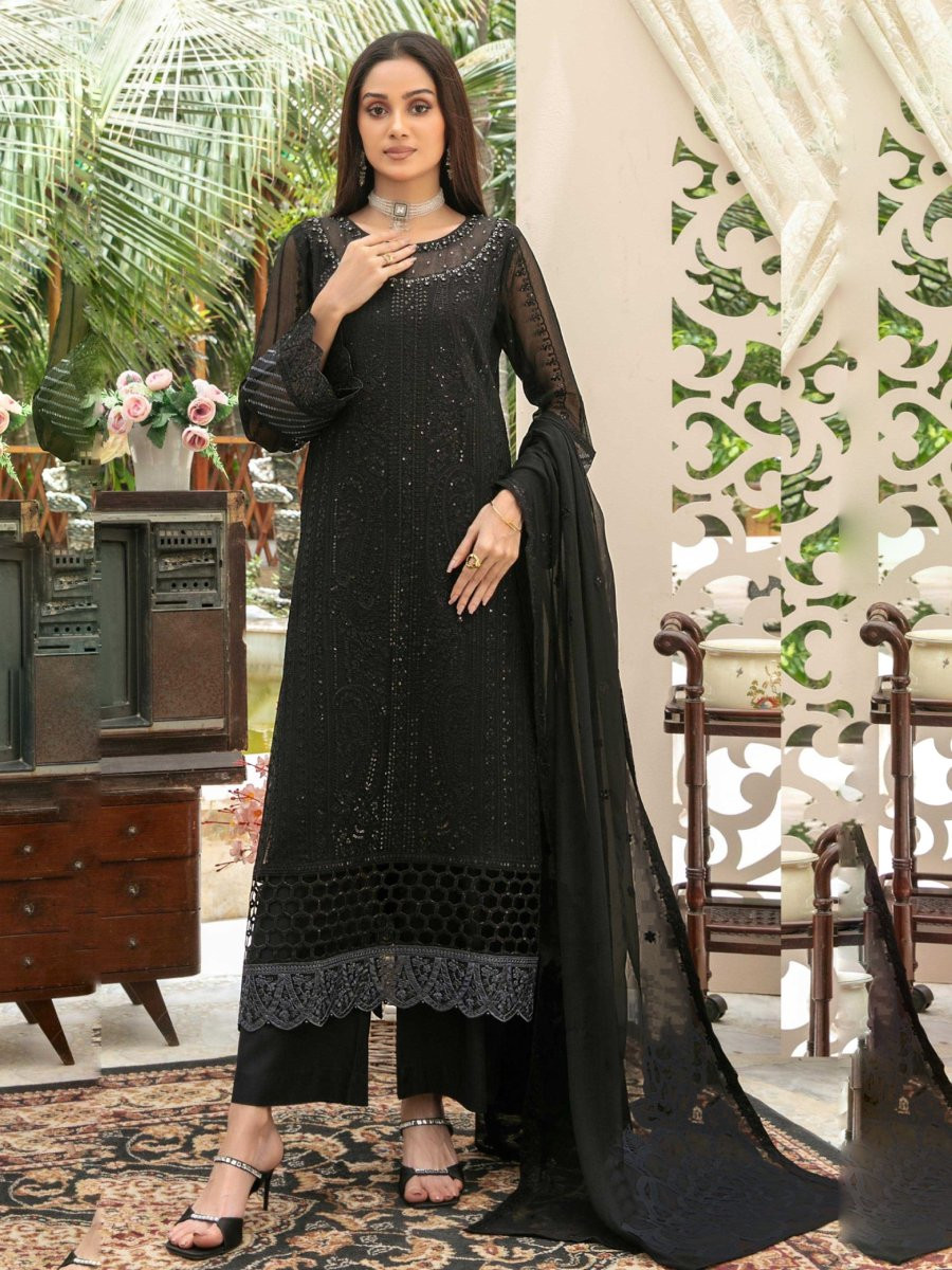 Black Heavy Chiffon Embroidery Sequins Wedding Party Festival Casual Palazzo Pant Salwar Kameez