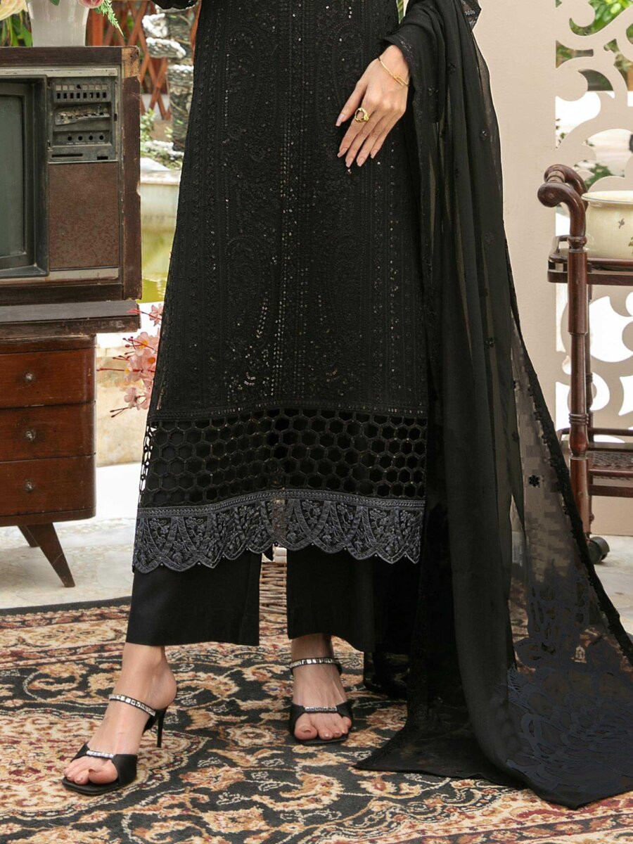 Black Heavy Chiffon Embroidery Sequins Wedding Party Festival Casual Palazzo Pant Salwar Kameez