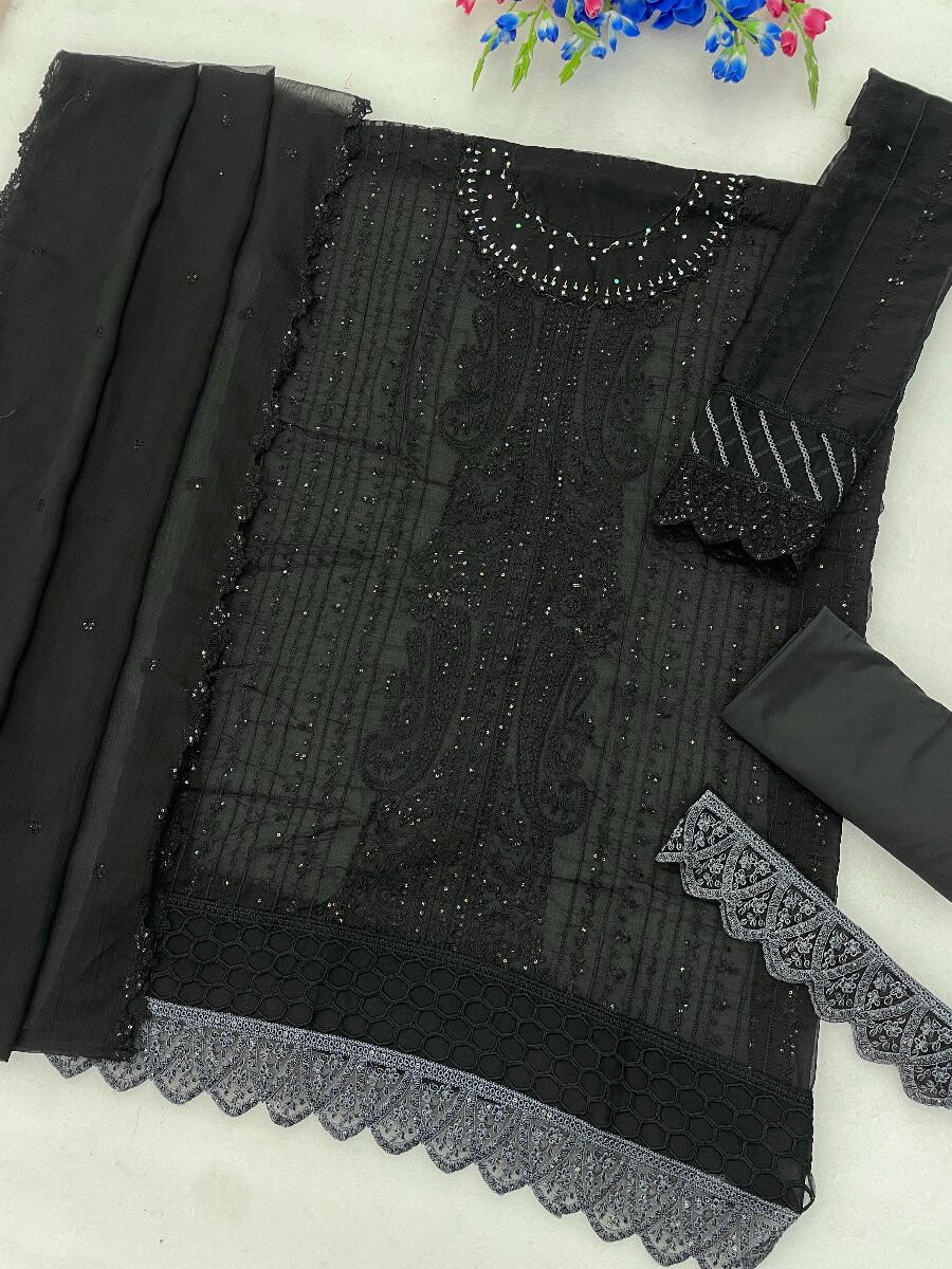 Black Heavy Chiffon Embroidery Sequins Wedding Party Festival Casual Palazzo Pant Salwar Kameez