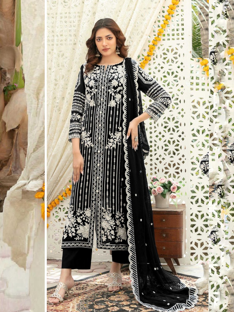 Black Heavy Chiffon Embroidery Wedding Party Festival Casual Palazzo Pant Salwar Kameez