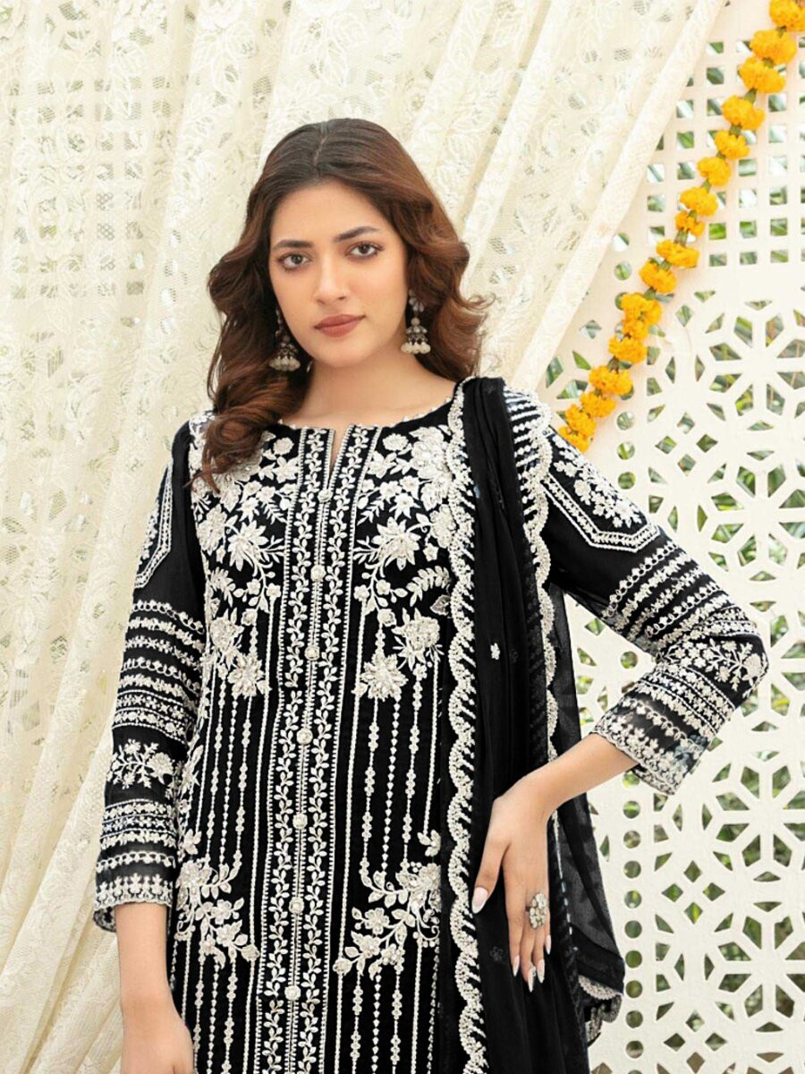 Black Heavy Chiffon Embroidery Wedding Party Festival Casual Palazzo Pant Salwar Kameez