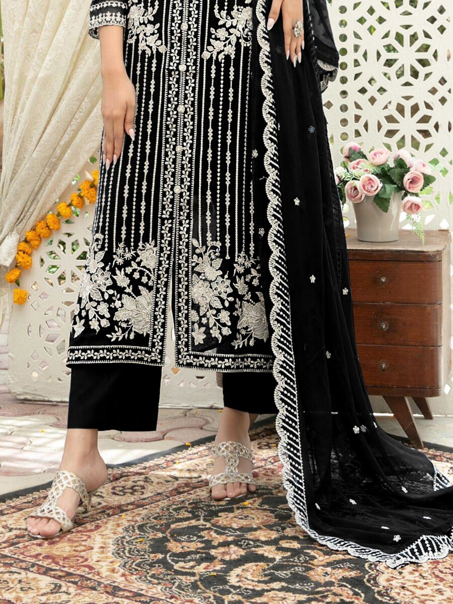 Black Heavy Chiffon Embroidery Wedding Party Festival Casual Palazzo Pant Salwar Kameez