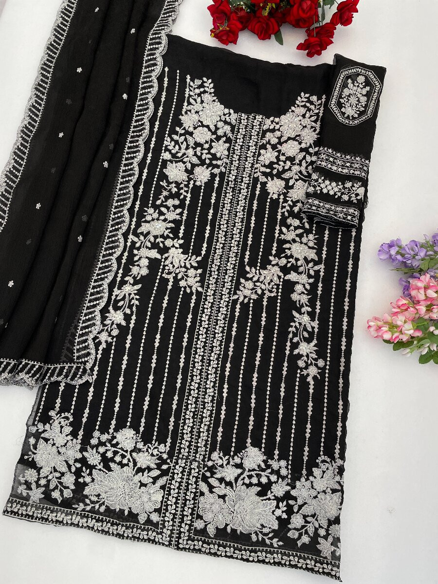Black Heavy Chiffon Embroidery Wedding Party Festival Casual Palazzo Pant Salwar Kameez
