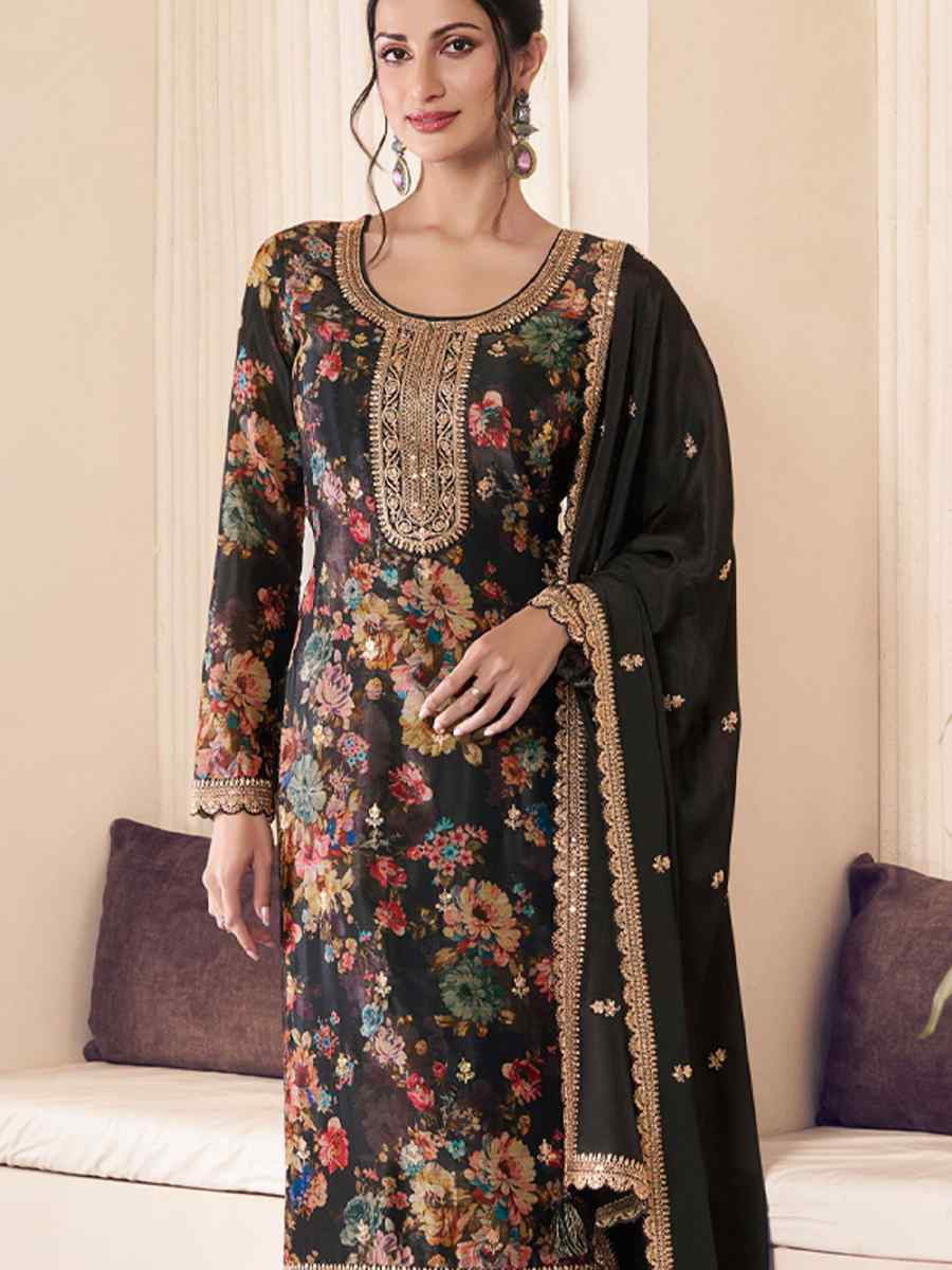 Black Heavy Chinon Embroidered Festival Casual Ready Pant Salwar Kameez