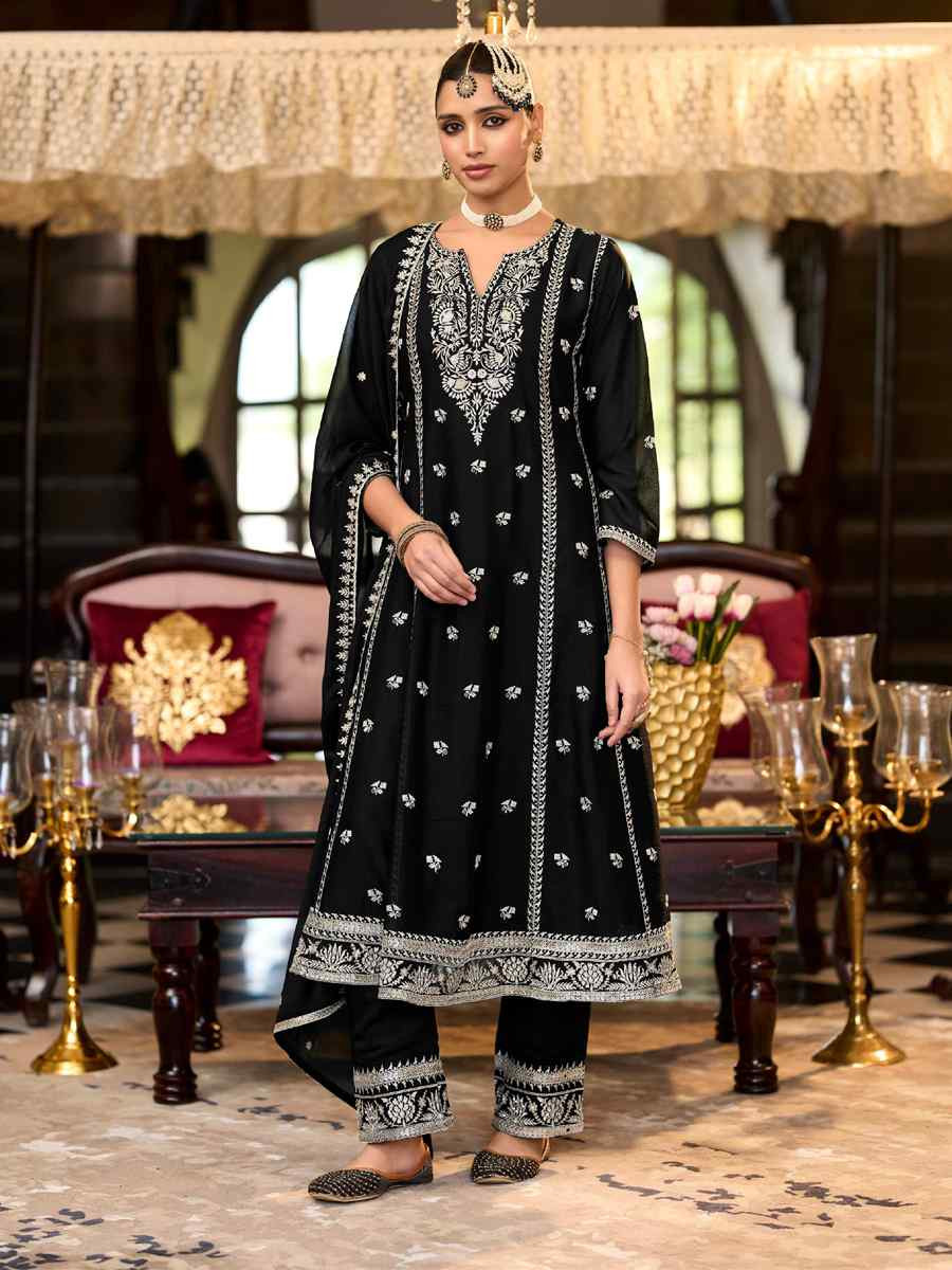 Black Heavy Chinon Embroidered Festival Casual Ready Pant Salwar Kameez