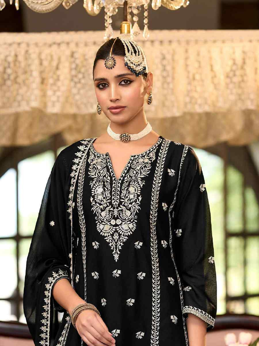 Black Heavy Chinon Embroidered Festival Casual Ready Pant Salwar Kameez
