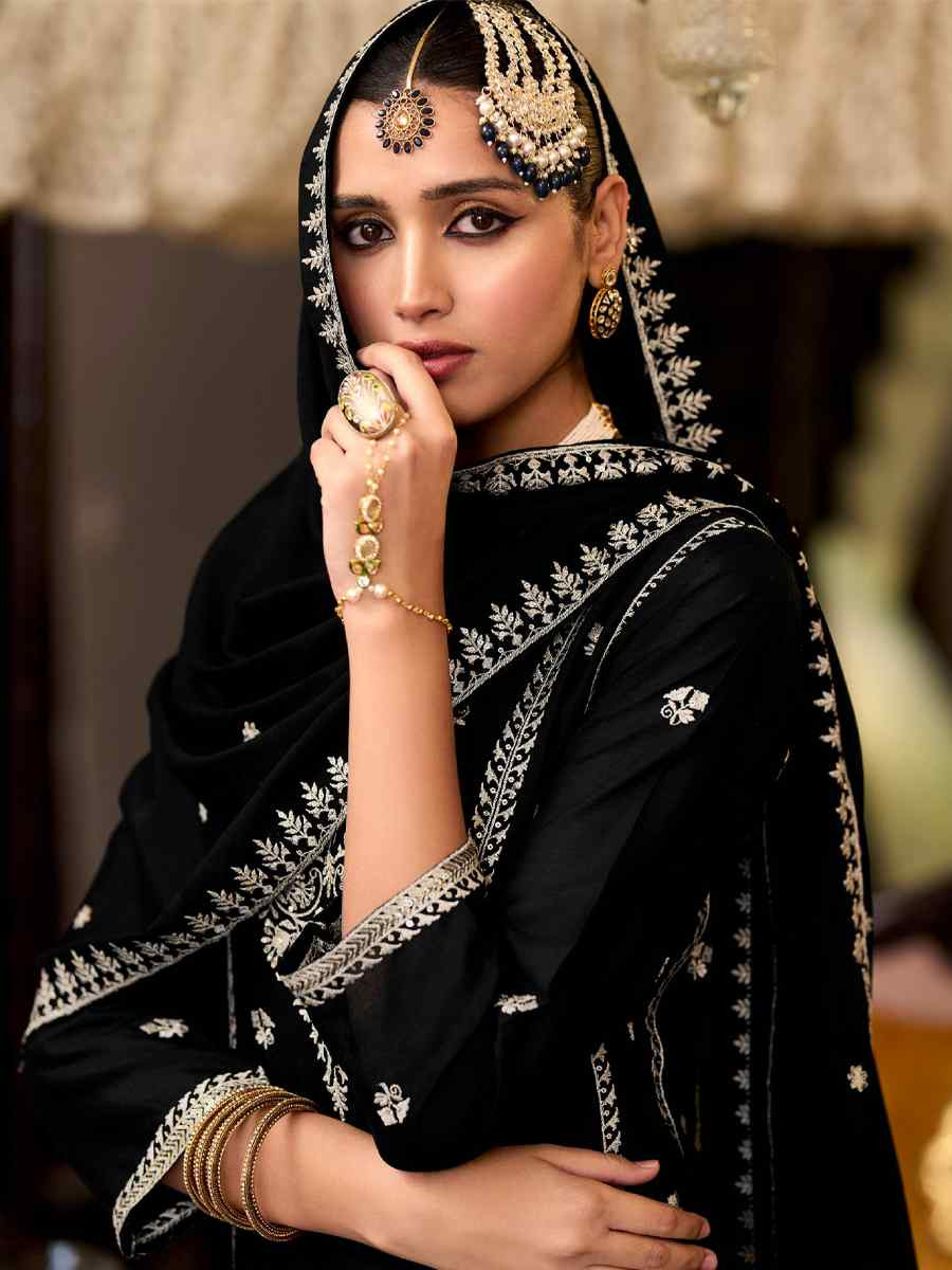 Black Heavy Chinon Embroidered Festival Casual Ready Pant Salwar Kameez