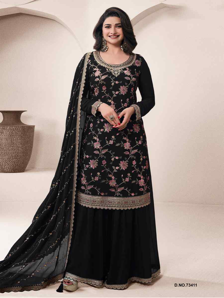 Black Heavy Chinon Embroidered Festival Casual Sharara Pant Salwar Kameez