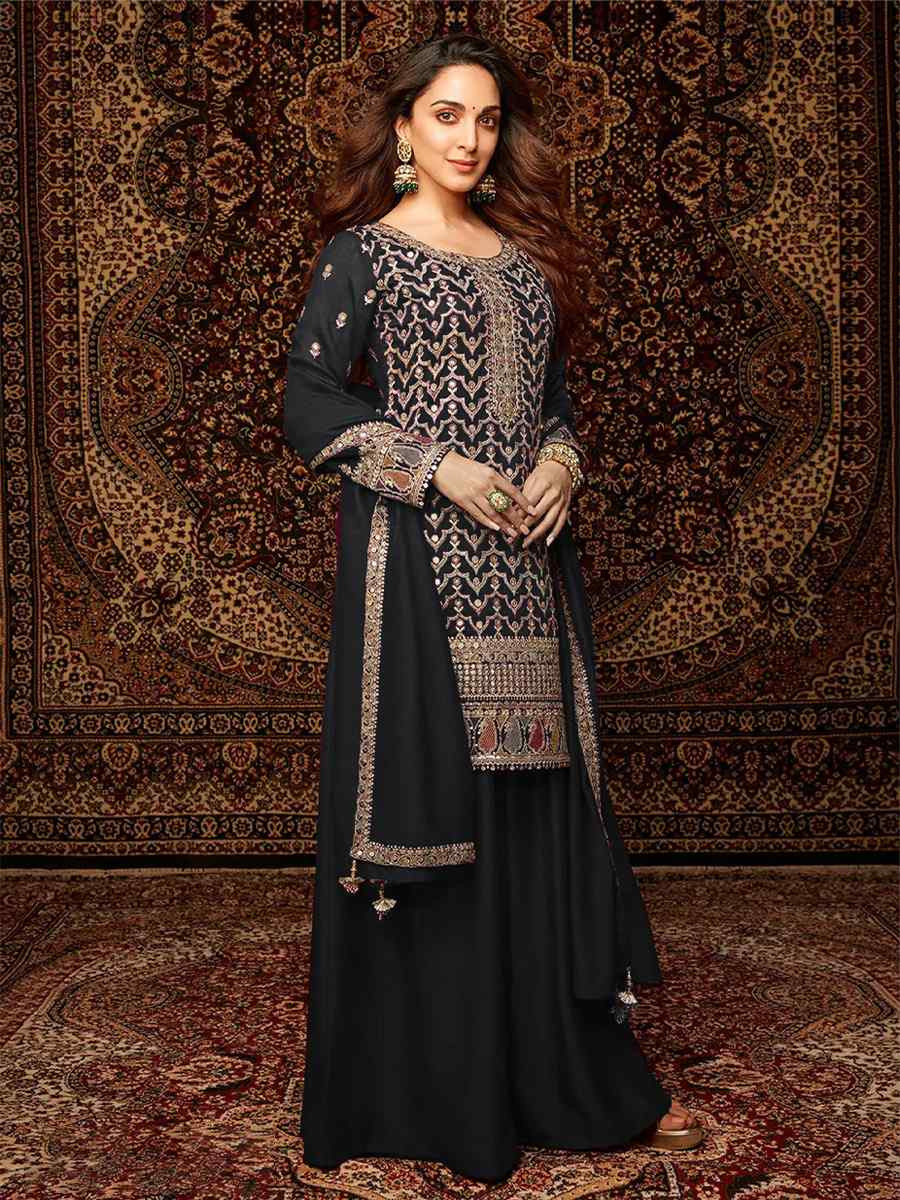Black Heavy Chinon Embroidered Festival Wedding Palazzo Pant Salwar Kameez
