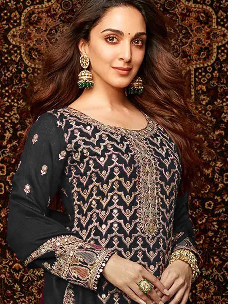 Black Heavy Chinon Embroidered Festival Wedding Palazzo Pant Salwar Kameez