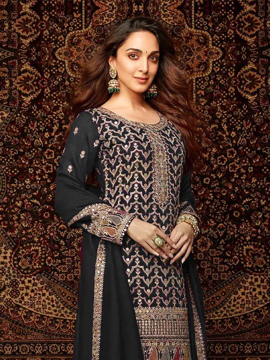 Black Heavy Chinon Embroidered Festival Wedding Palazzo Pant Salwar Kameez