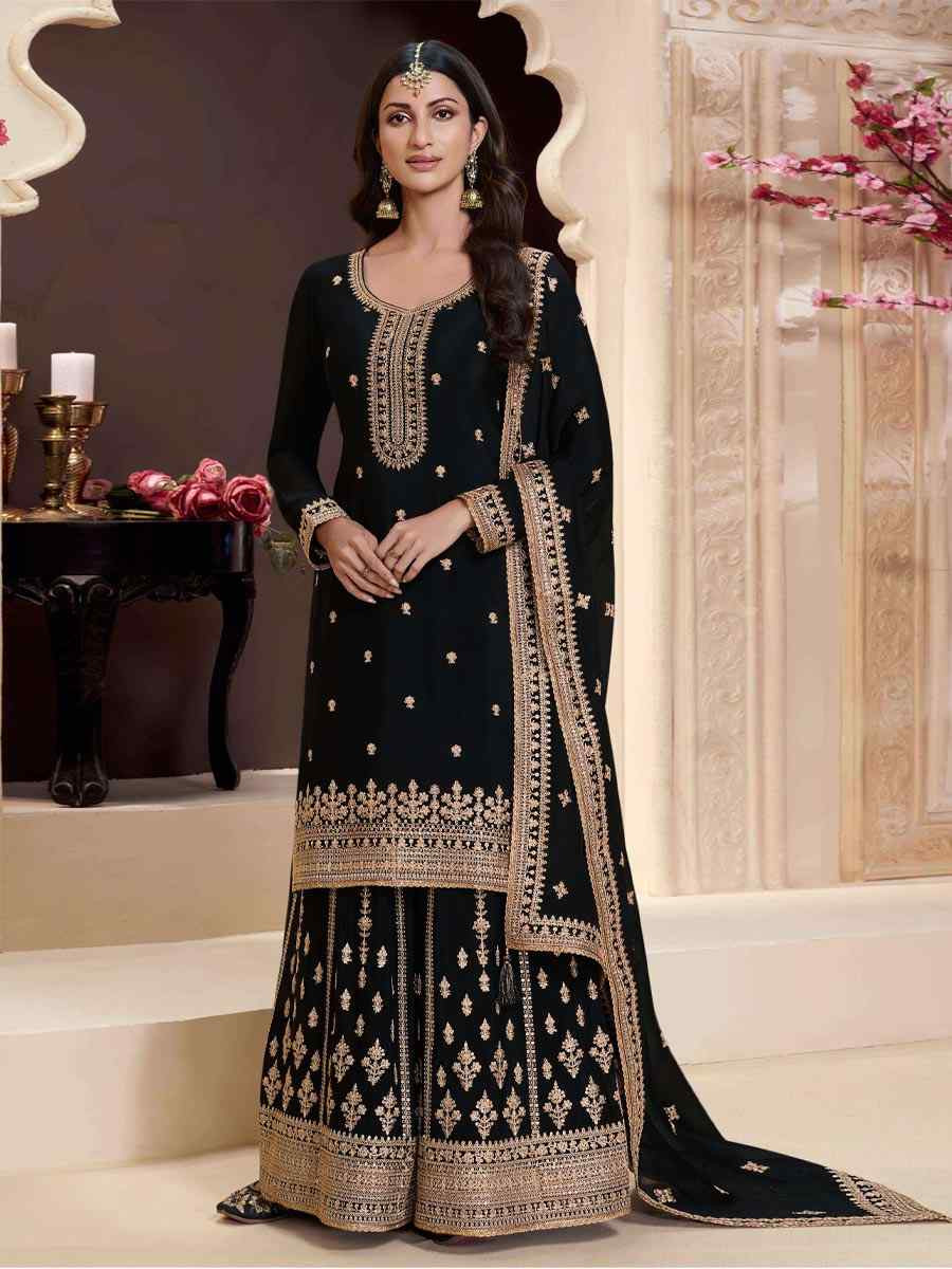 Black Heavy Chinon Embroidered Festival Wedding Palazzo Pant Salwar Kameez