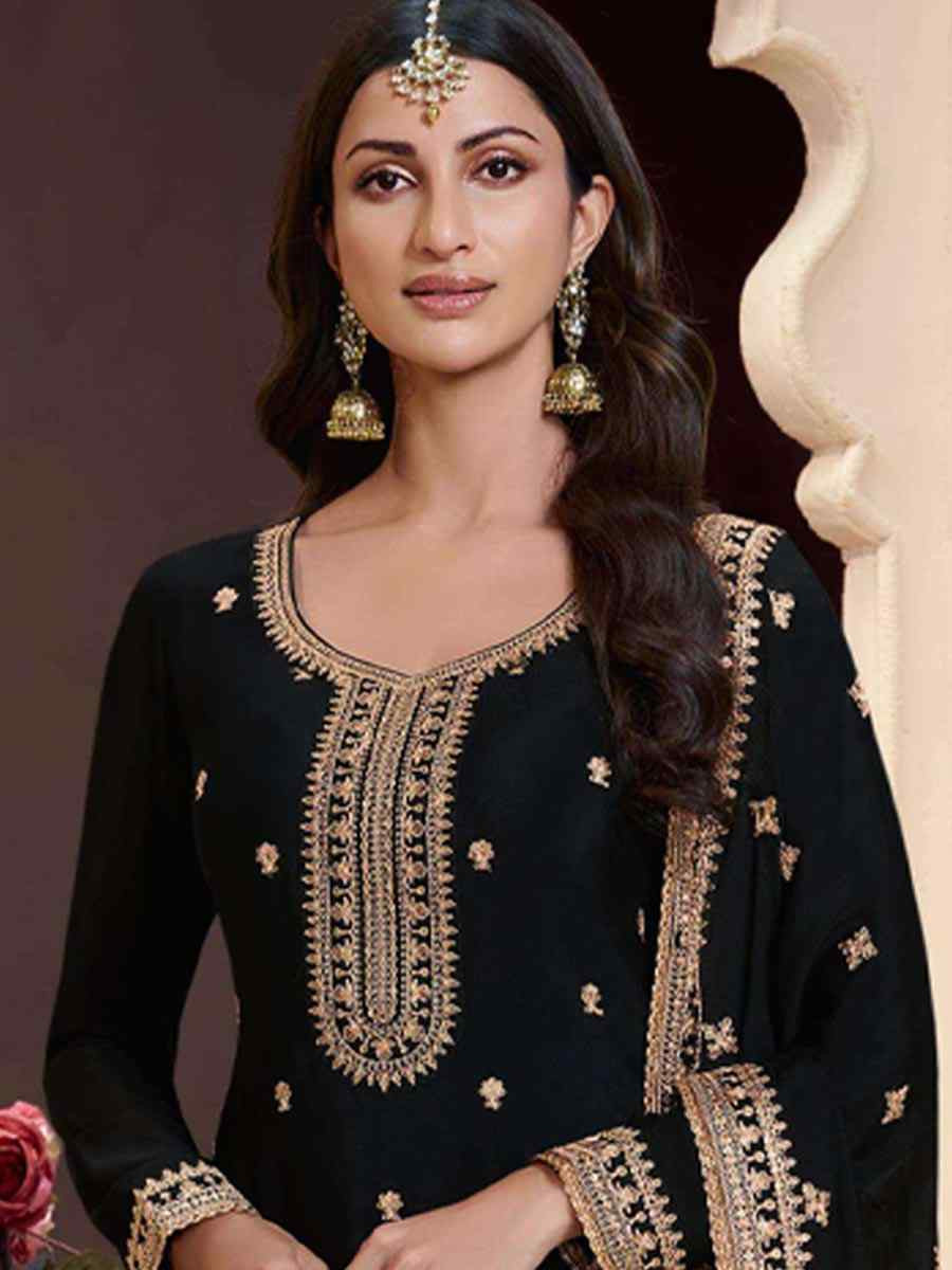 Black Heavy Chinon Embroidered Festival Wedding Palazzo Pant Salwar Kameez
