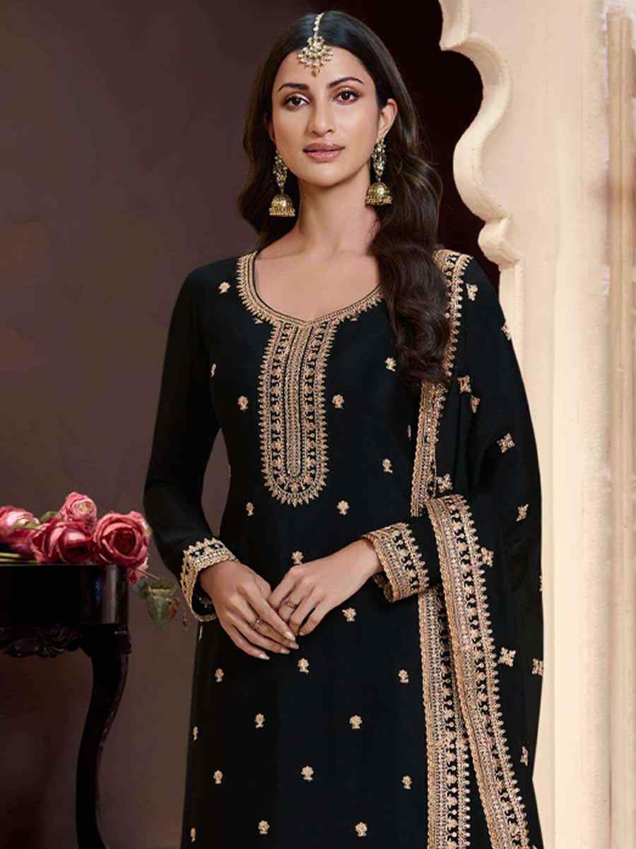 Black Heavy Chinon Embroidered Festival Wedding Palazzo Pant Salwar Kameez
