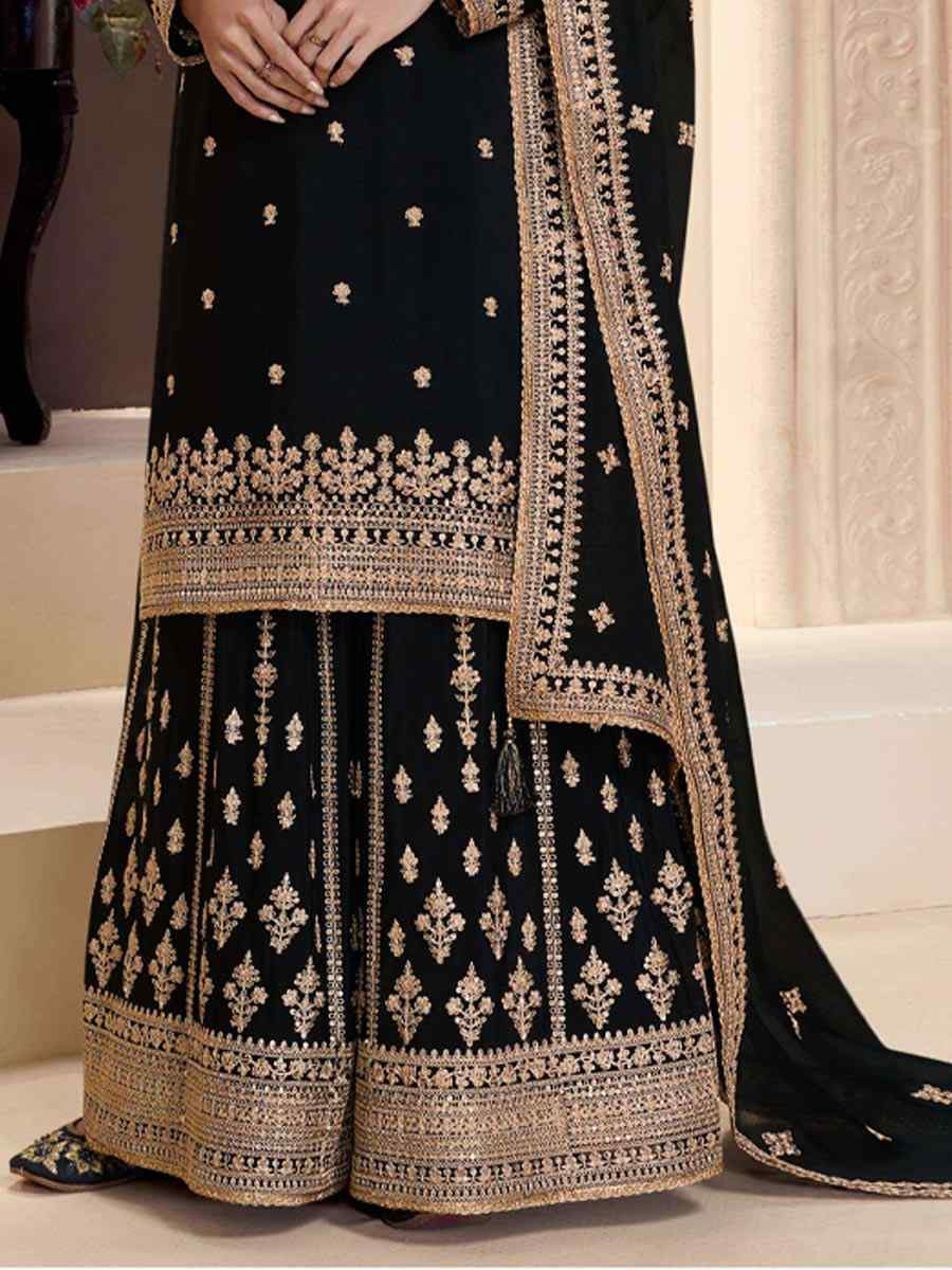 Black Heavy Chinon Embroidered Festival Wedding Palazzo Pant Salwar Kameez