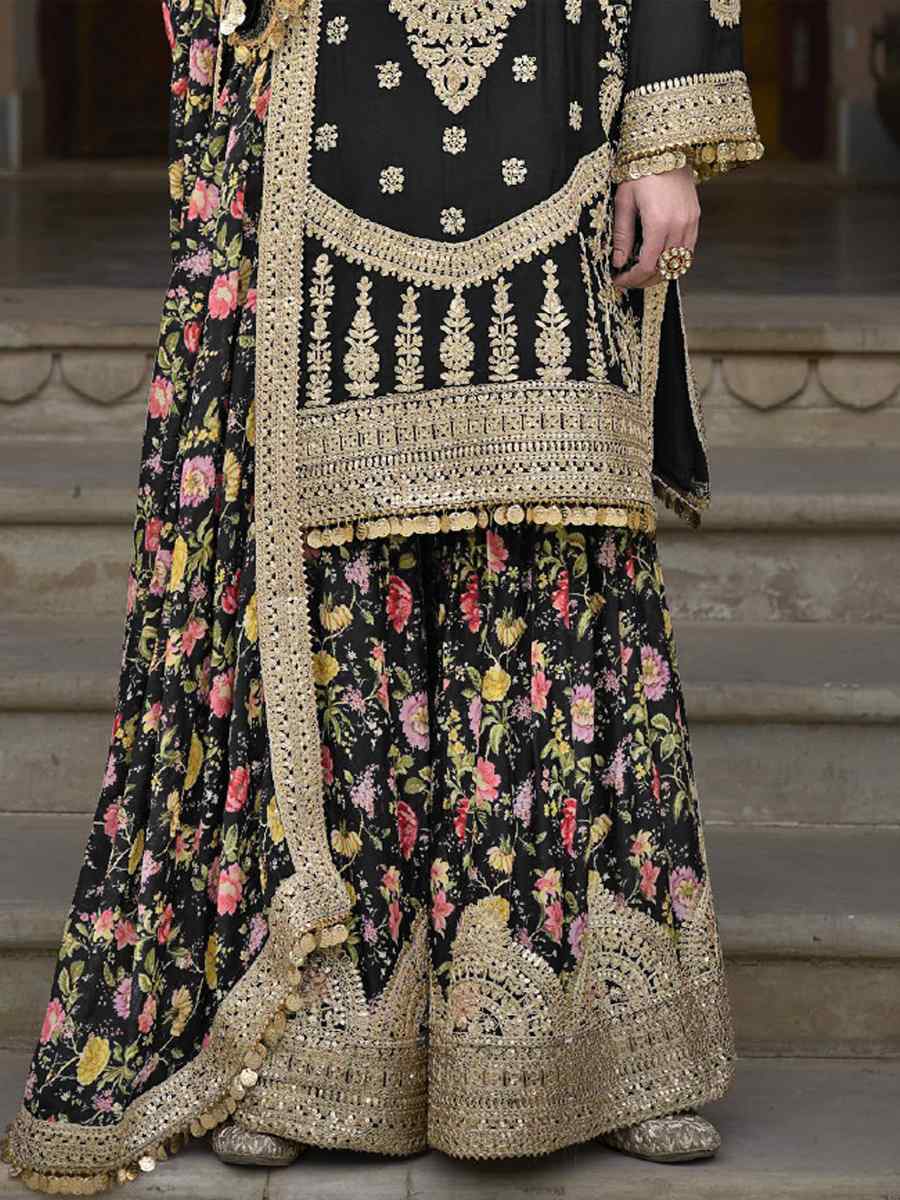 Black Heavy Chinon Embroidered Festival Wedding Palazzo Pant Salwar Kameez