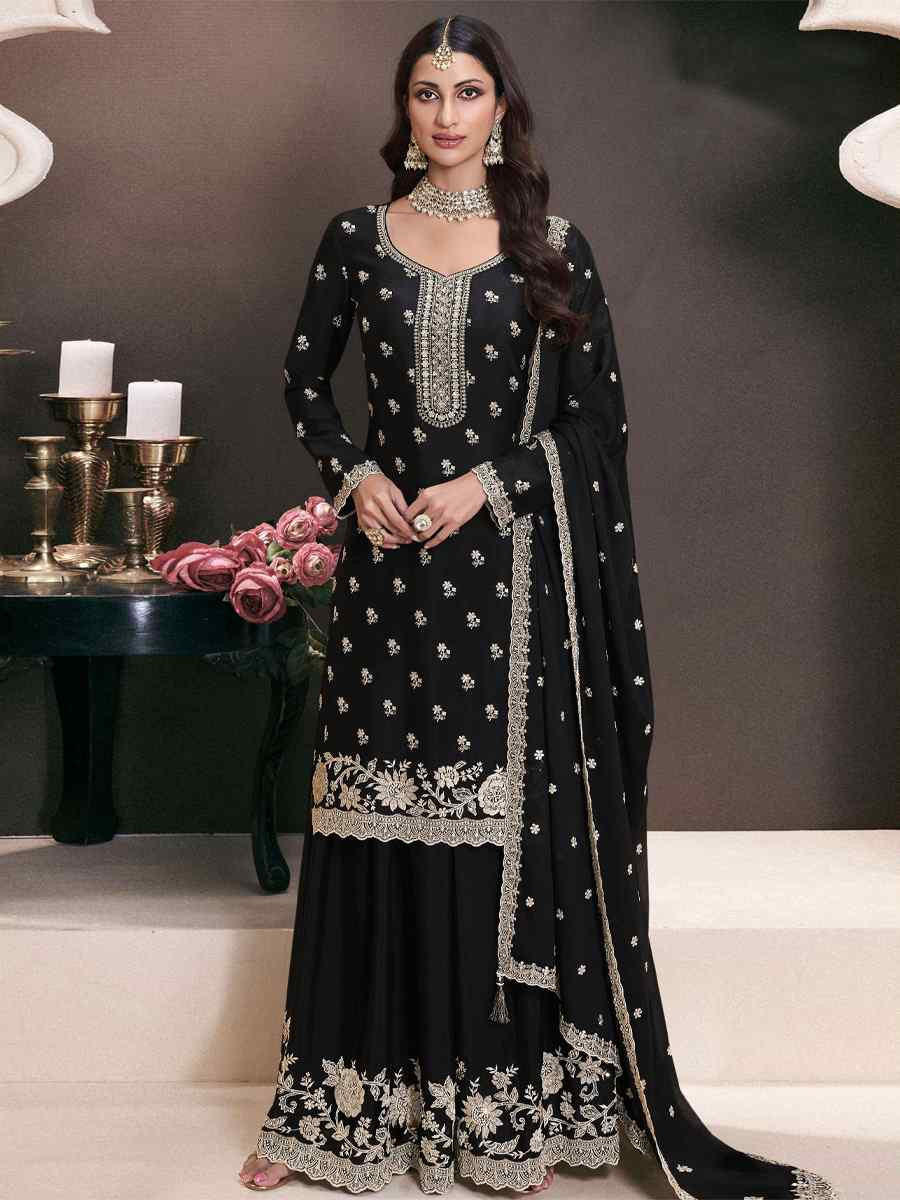 Black Heavy Chinon Embroidered Festival Wedding Sharara Pant Salwar Kameez