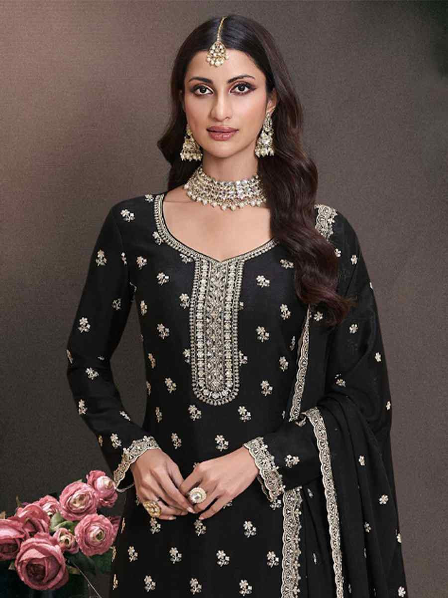 Black Heavy Chinon Embroidered Festival Wedding Sharara Pant Salwar Kameez
