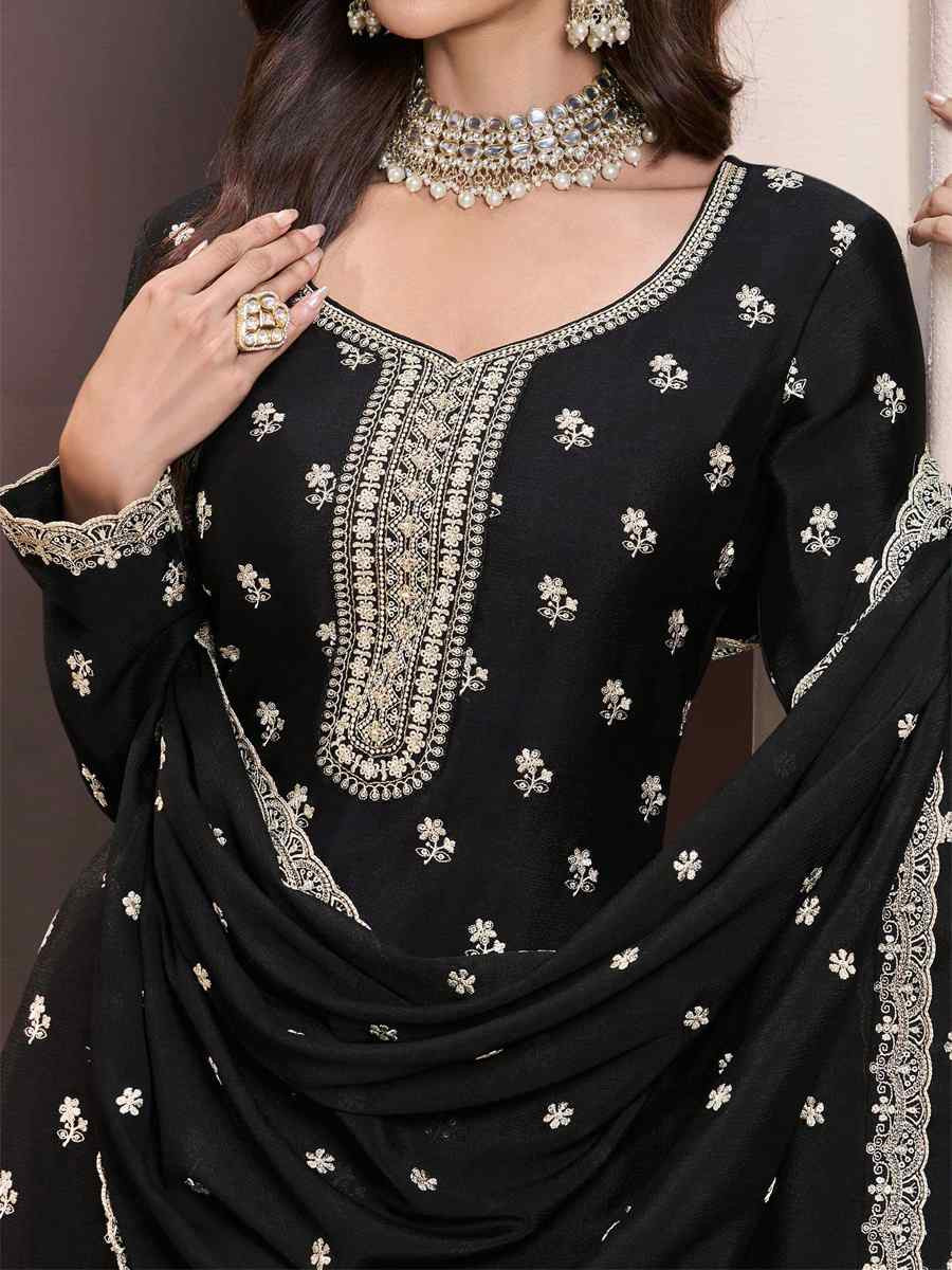Black Heavy Chinon Embroidered Festival Wedding Sharara Pant Salwar Kameez