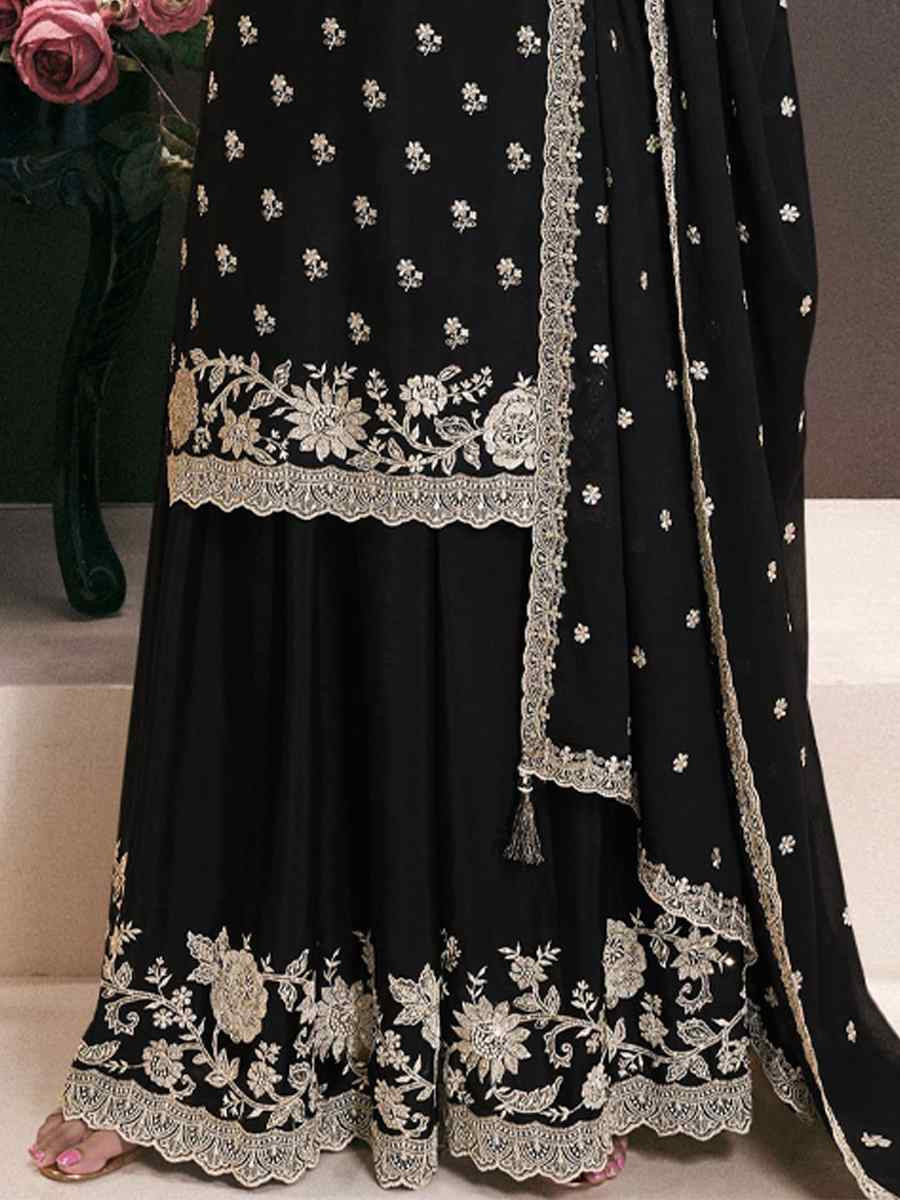 Black Heavy Chinon Embroidered Festival Wedding Sharara Pant Salwar Kameez