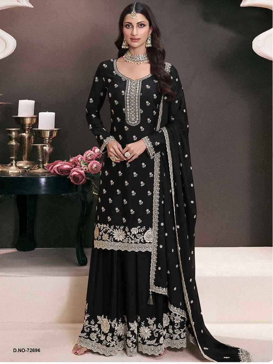 Black Heavy Chinon Embroidered Festival Wedding Sharara Pant Salwar Kameez