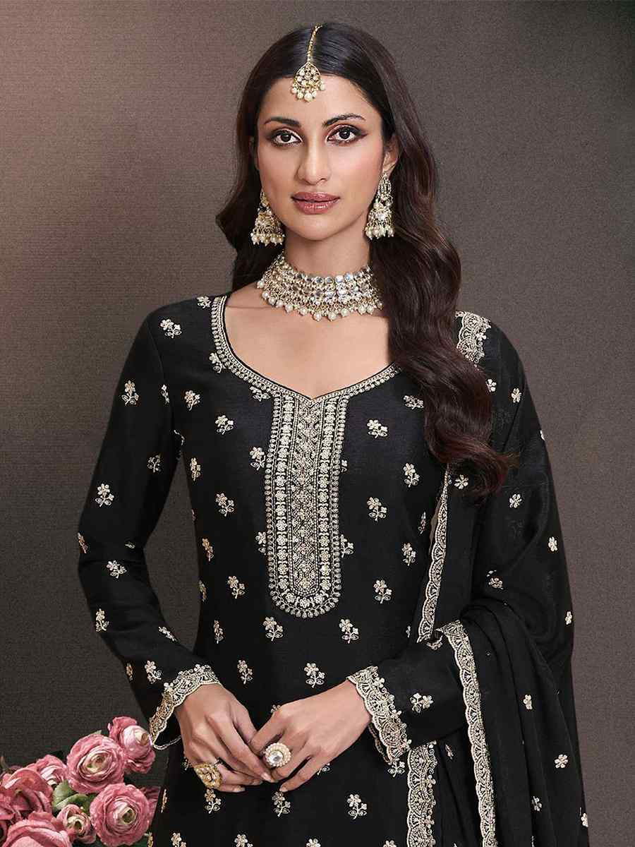Black Heavy Chinon Embroidered Festival Wedding Sharara Pant Salwar Kameez