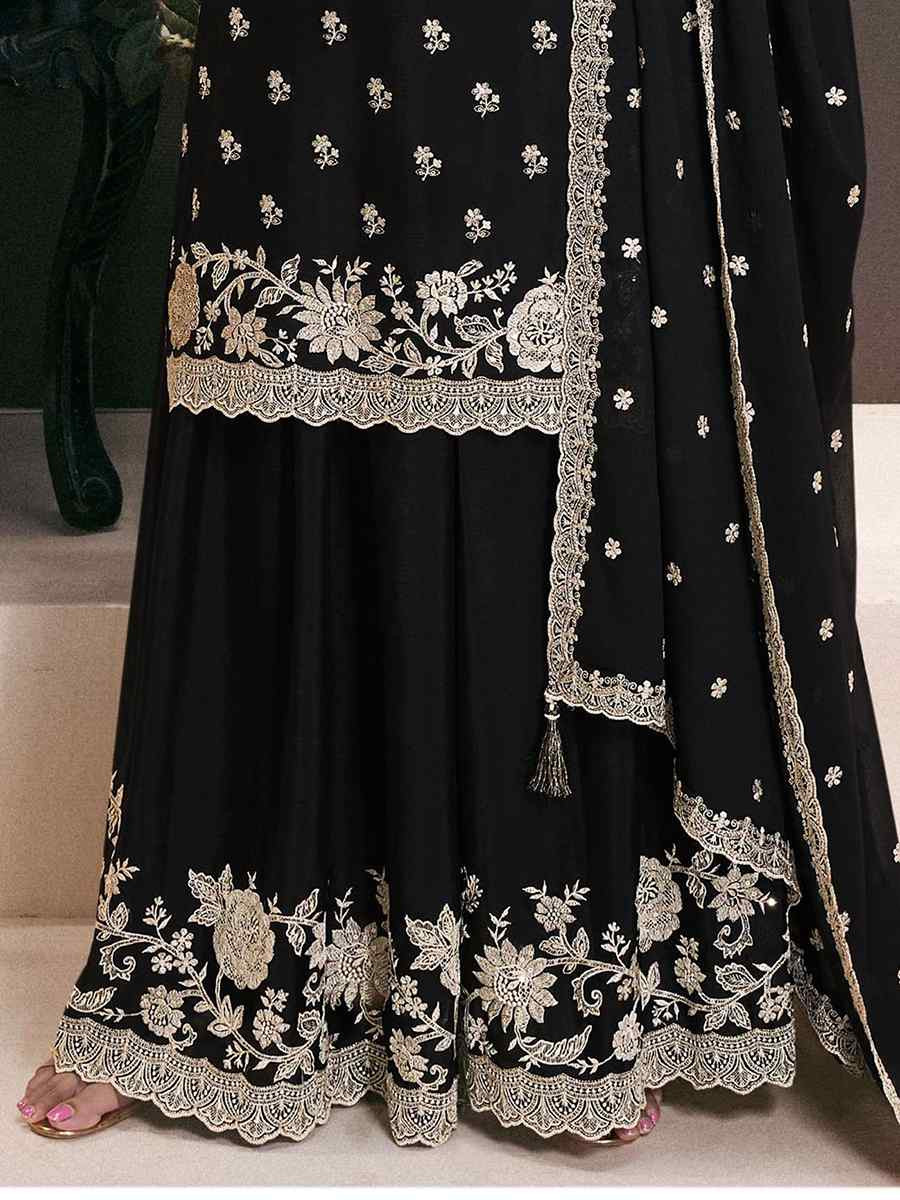 Black Heavy Chinon Embroidered Festival Wedding Sharara Pant Salwar Kameez