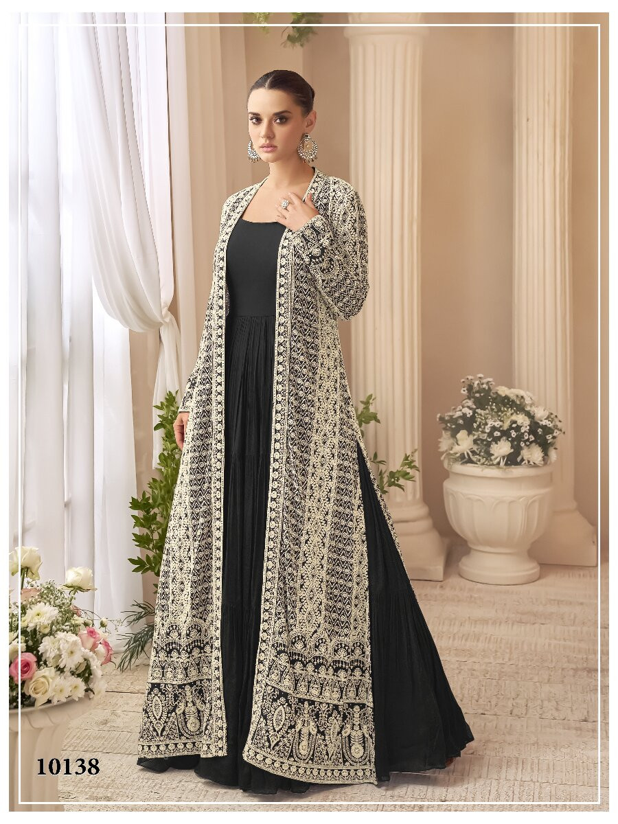 Black Heavy Chinon Embroidered Wedding Party Festival Ready Gown Shrug Women Wear