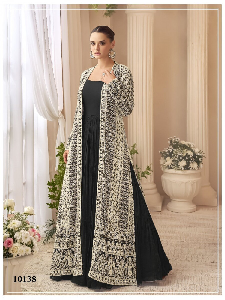 Image of Black Heavy Chinon Embroidered Wedding Party Festival Ready Gown Shrug Women Wear