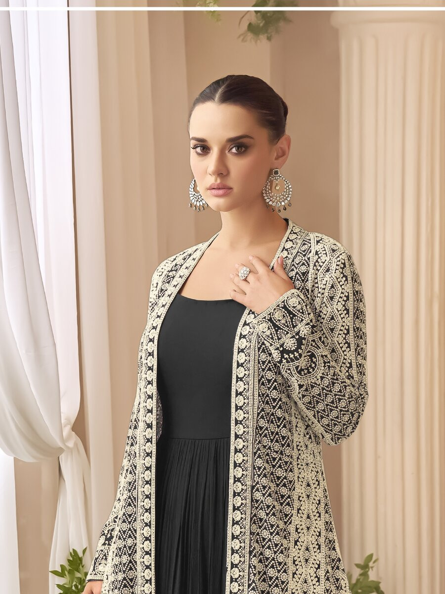 Black Heavy Chinon Embroidered Wedding Party Festival Ready Gown Shrug Women Wear