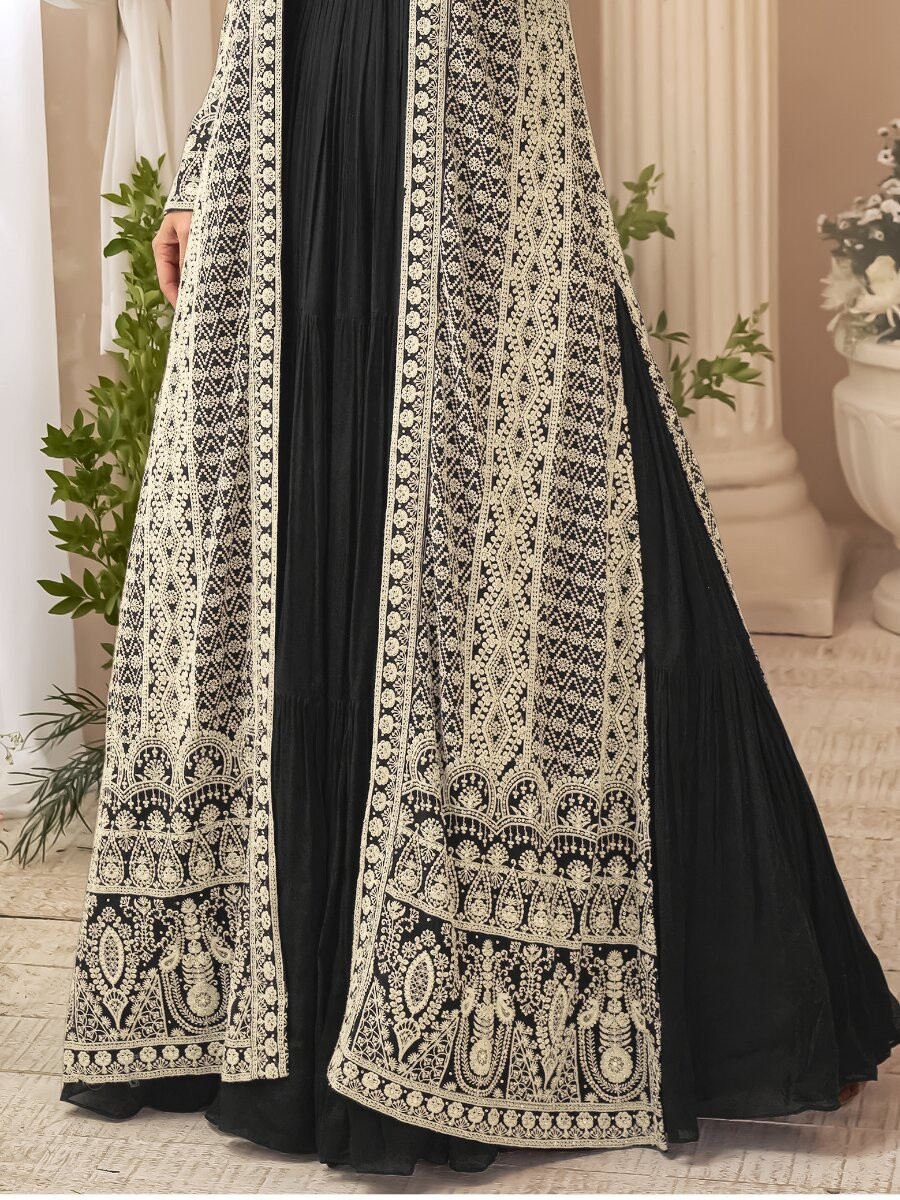 Black Heavy Chinon Embroidered Wedding Party Festival Ready Gown Shrug Women Wear
