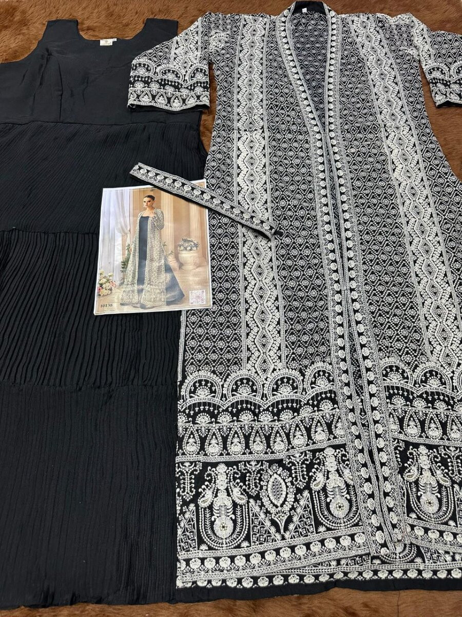 Black Heavy Chinon Embroidered Wedding Party Festival Ready Gown Shrug Women Wear