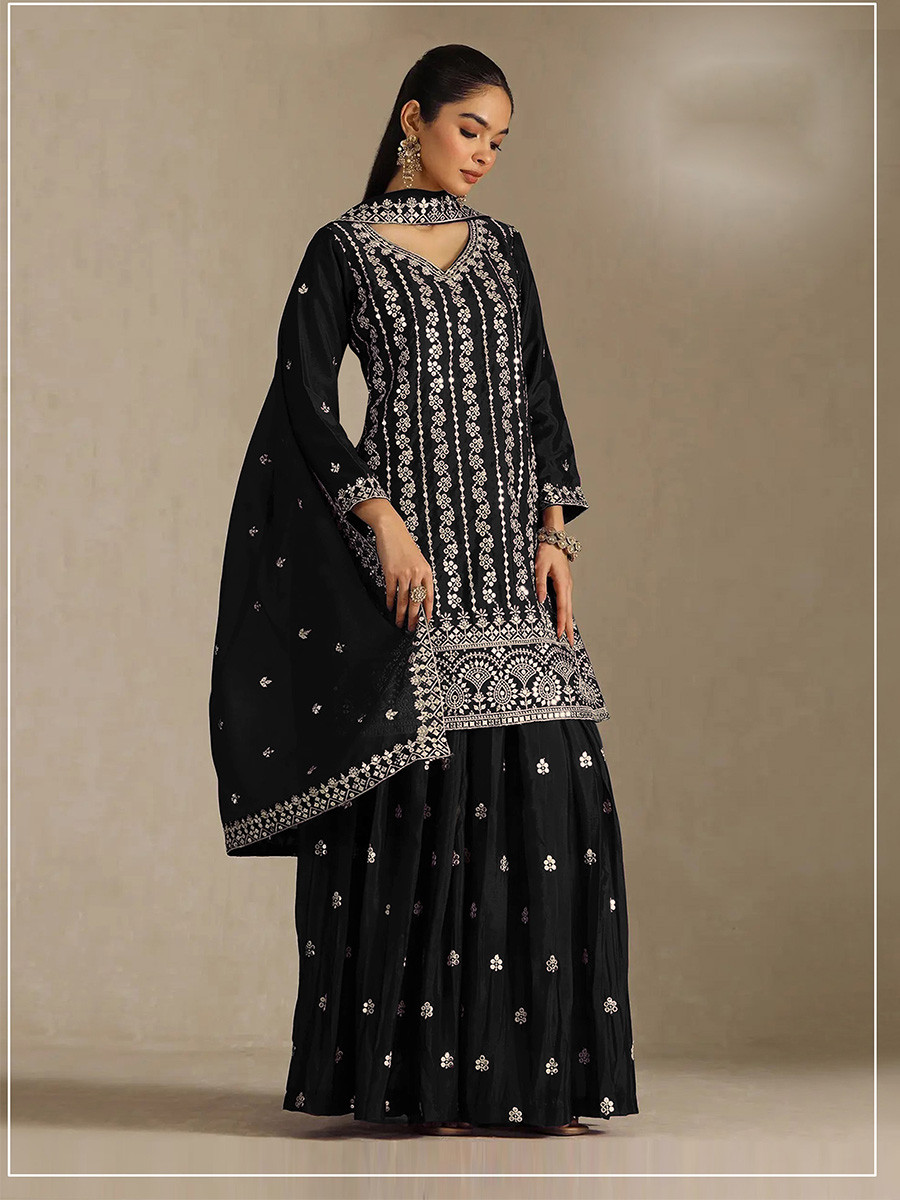Black Heavy Chinon Embroidery Sequins Wedding Party Festival Casual Palazzo Pant Salwar Kameez