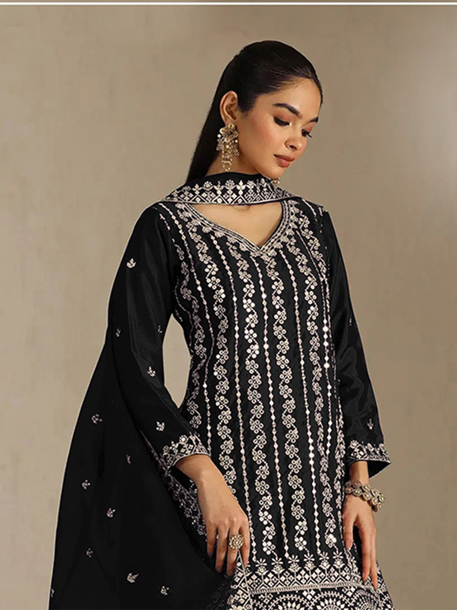 Black Heavy Chinon Embroidery Sequins Wedding Party Festival Casual Palazzo Pant Salwar Kameez