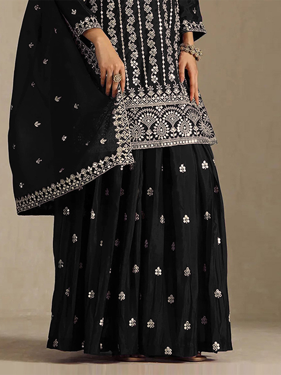 Black Heavy Chinon Embroidery Sequins Wedding Party Festival Casual Palazzo Pant Salwar Kameez