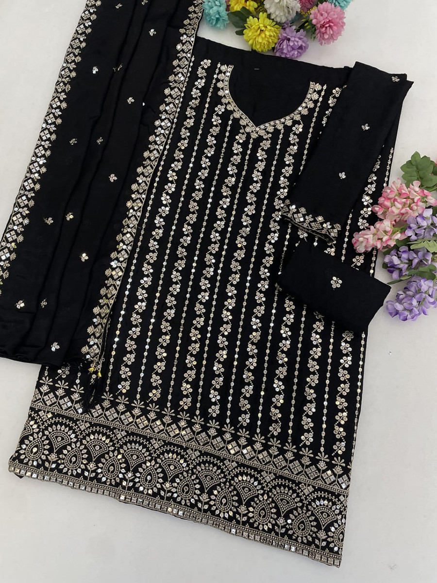 Black Heavy Chinon Embroidery Sequins Wedding Party Festival Casual Palazzo Pant Salwar Kameez