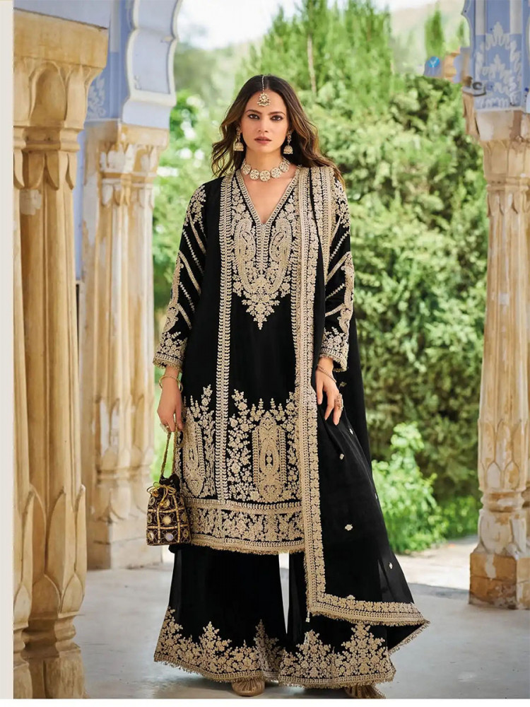Image of Black Heavy Chinon Embroidery Sequins Wedding Party Festival Casual Ready Palazzo Pant Salwar Kameez