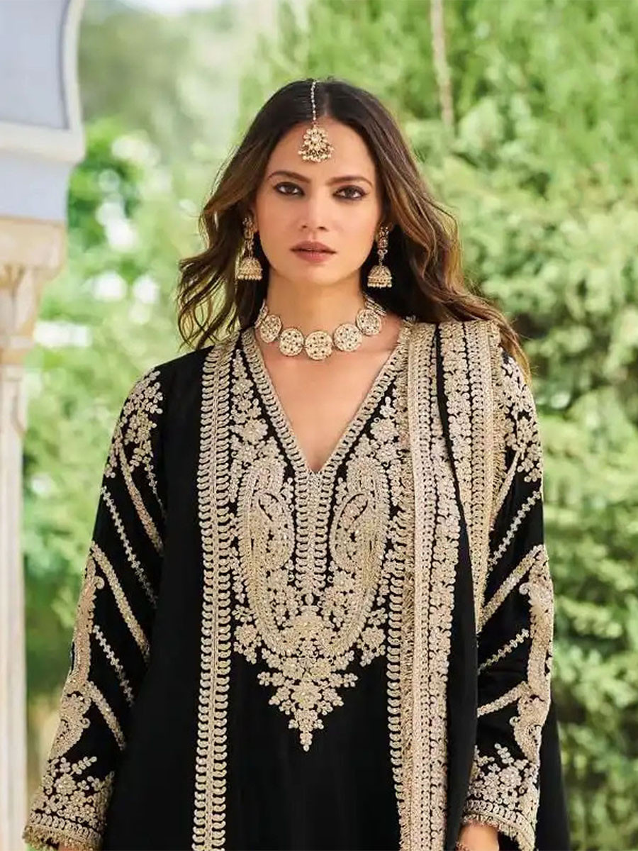 Black Heavy Chinon Embroidery Sequins Wedding Party Festival Casual Ready Palazzo Pant Salwar Kameez