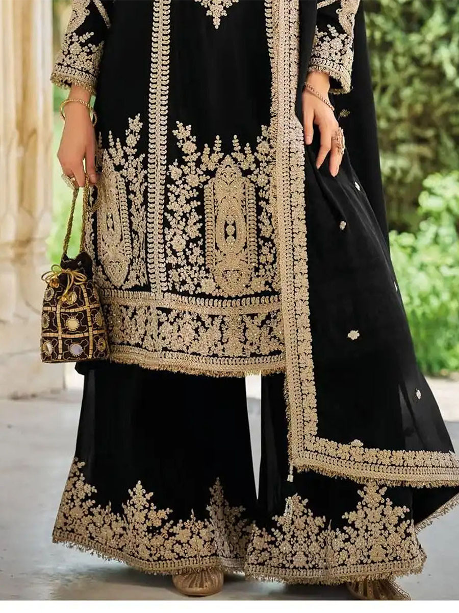 Black Heavy Chinon Embroidery Sequins Wedding Party Festival Casual Ready Palazzo Pant Salwar Kameez