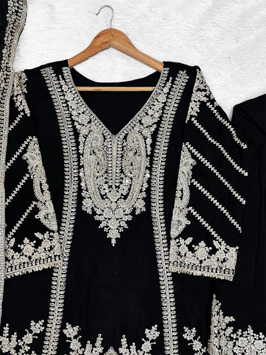 Black Heavy Chinon Embroidery Sequins Wedding Party Festival Casual Ready Palazzo Pant Salwar Kameez