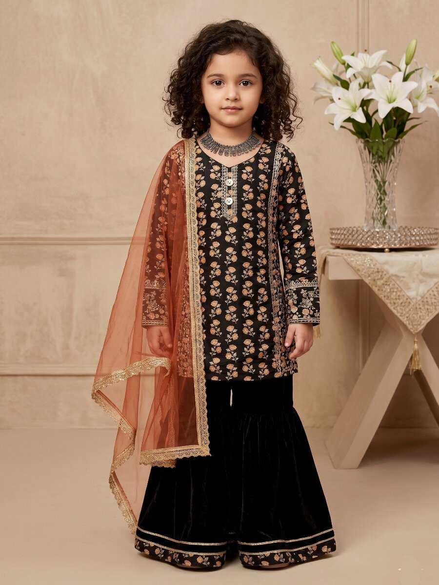 Black Heavy chinon Ethnic Embroidered Sequins Printed Casual Festival Party Wedding Kurta Sharara Girls Wear