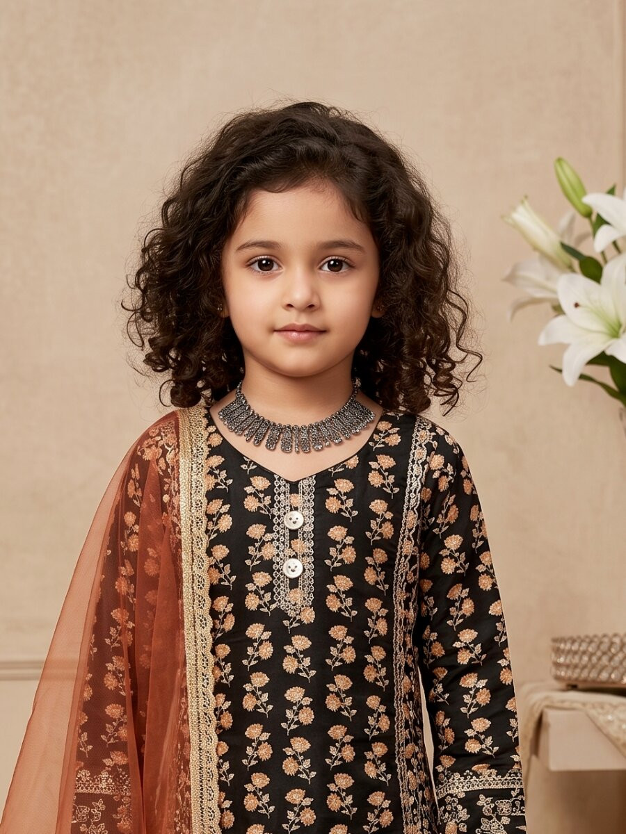 Black Heavy chinon Ethnic Embroidered Sequins Printed Casual Festival Party Wedding Kurta Sharara Girls Wear